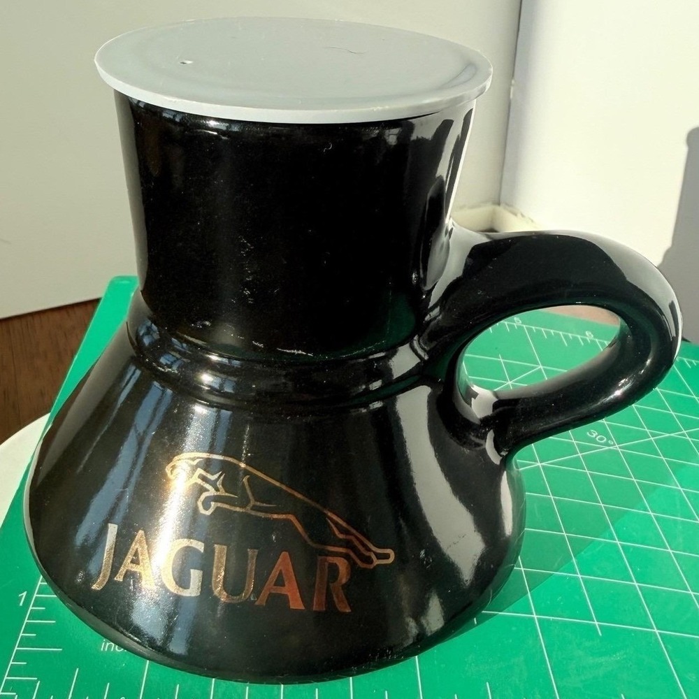 Vintage Jaguar Feltman Langer No Spill Ceramic Travel Mug Black Wide Base USA